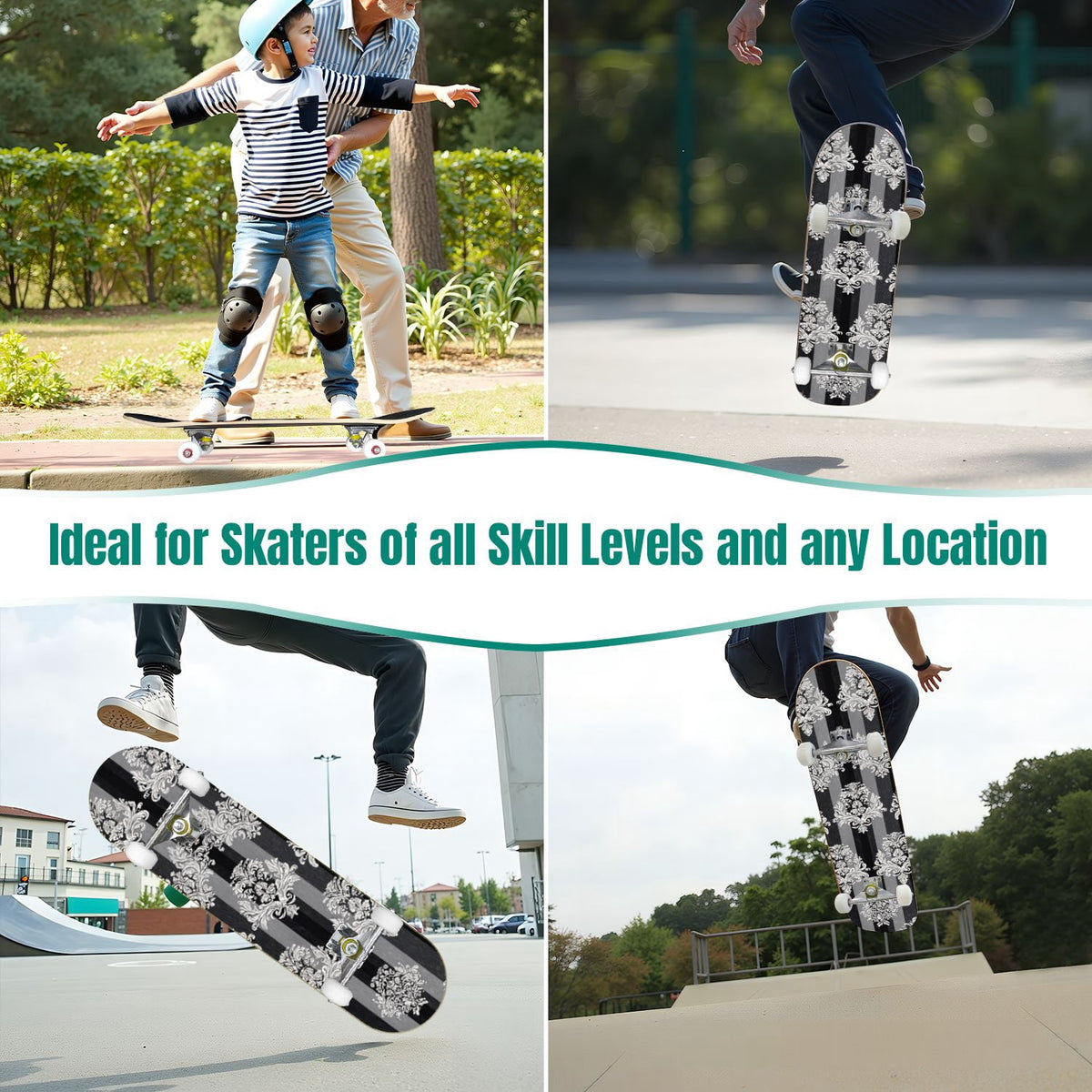 Elegant Purple Damask 31" x 8" Complete Skateboard, 7-Ply Canadian Maple Double Kick Trick Board for Kids and Beginners Adult Gifts