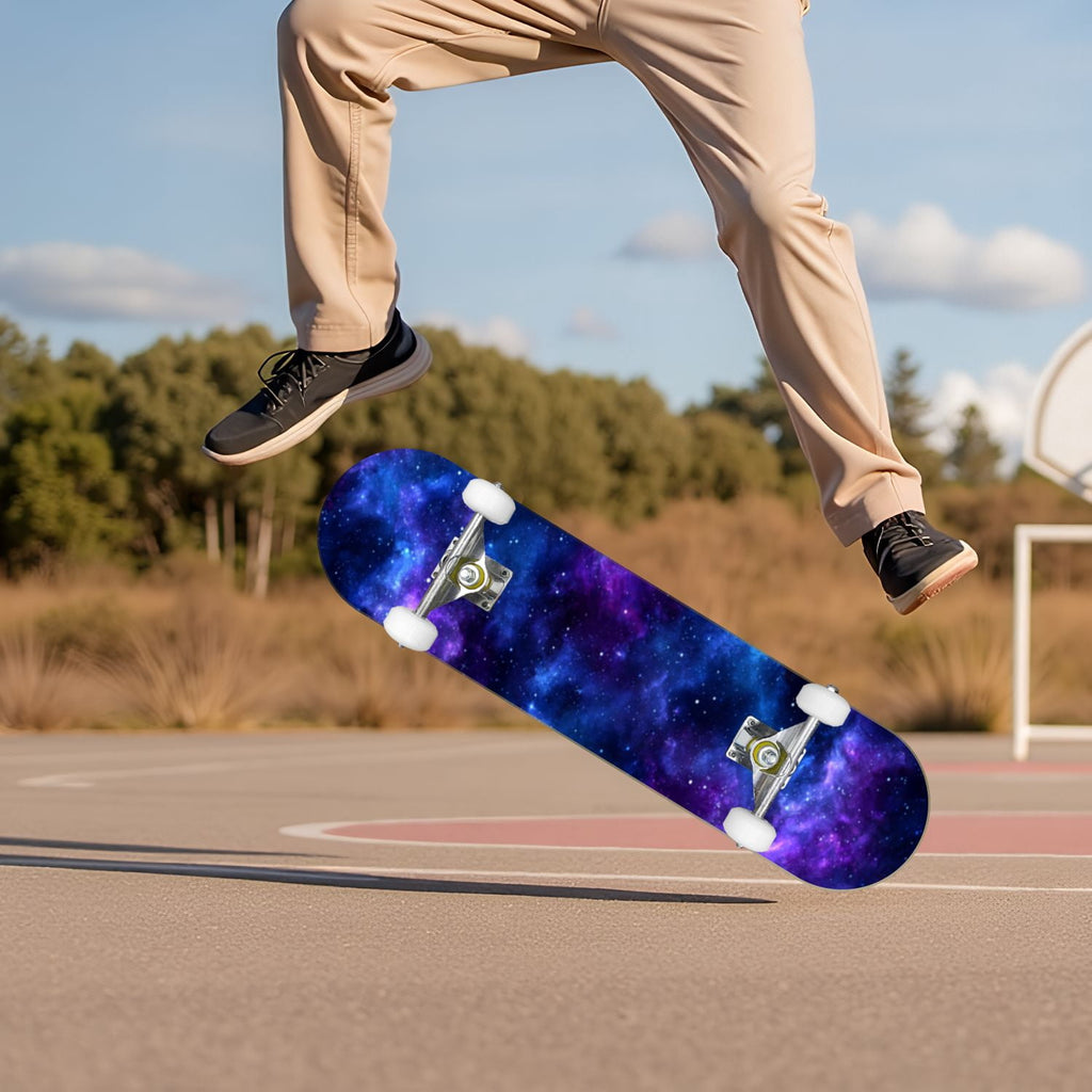 Vibrant Purple Blue Cosmic Galaxy Stars Nebula Clouds 31" x 8" Complete Skateboard, 7-Ply Canadian Maple Double Kick Trick Board for Kids and Beginners Adult Gifts