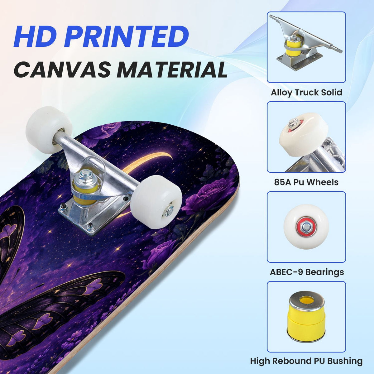 31"x8" Complete Skateboards for Beginners, Purple Celestial Moon Sun Art Floral Stars Double Kick 7 Ply Canadian Maple Deck Skateboard with Wheels, Gifts for Kids Teens