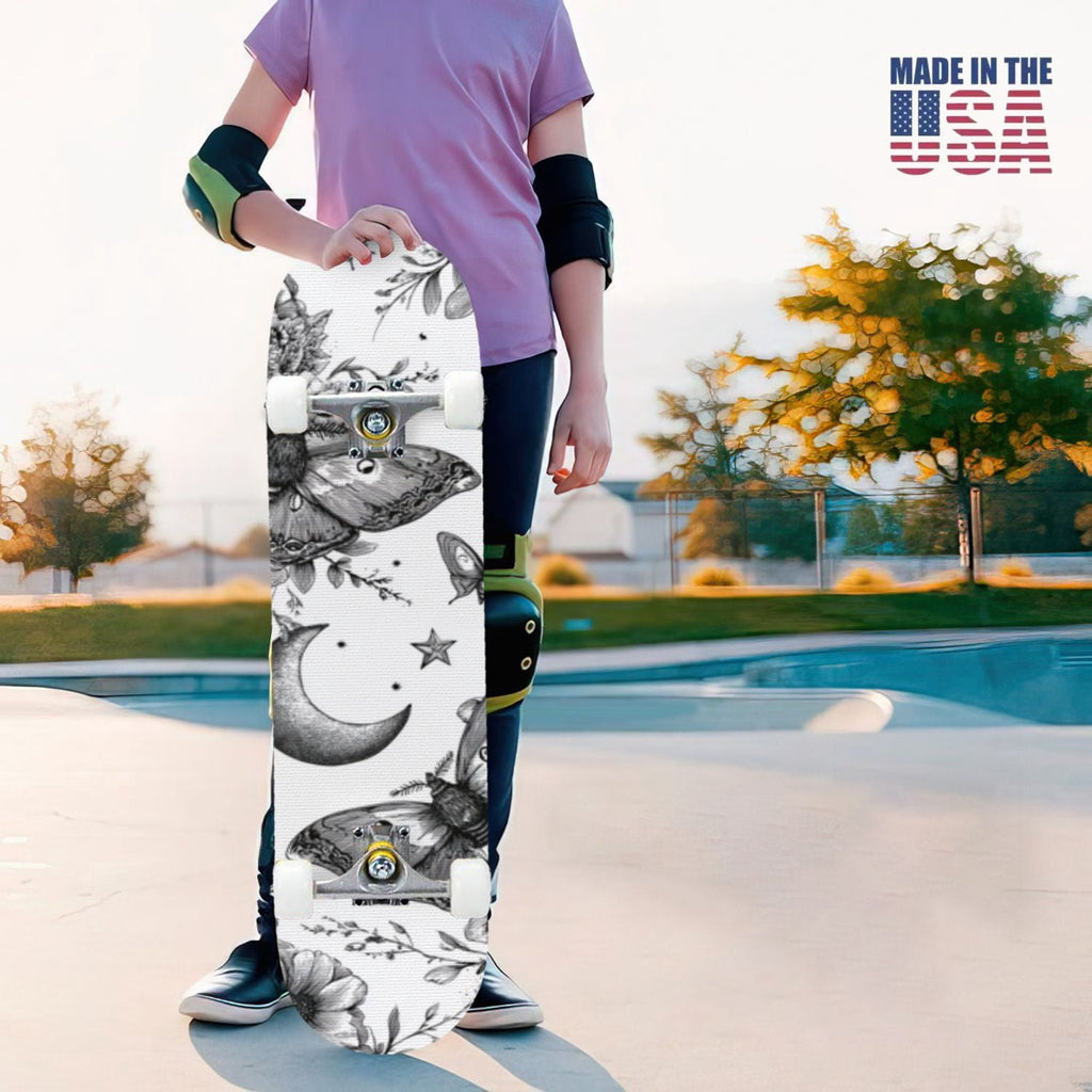 31"x8" Complete Skateboards for Beginners,Whimsical Moths Flowers Pastel Colors Stars Moon Mystical Double Kick 7 Ply Canadian Maple Deck Skateboard with Wheels, Gifts for Kids Teens