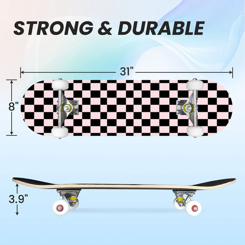 31"x8" Complete Skateboards for Beginners,Black Pink Checkered Retro Aesthetic Double Kick 7 Ply Canadian Maple Deck Skateboard with Wheels, Gifts for Kids Teens