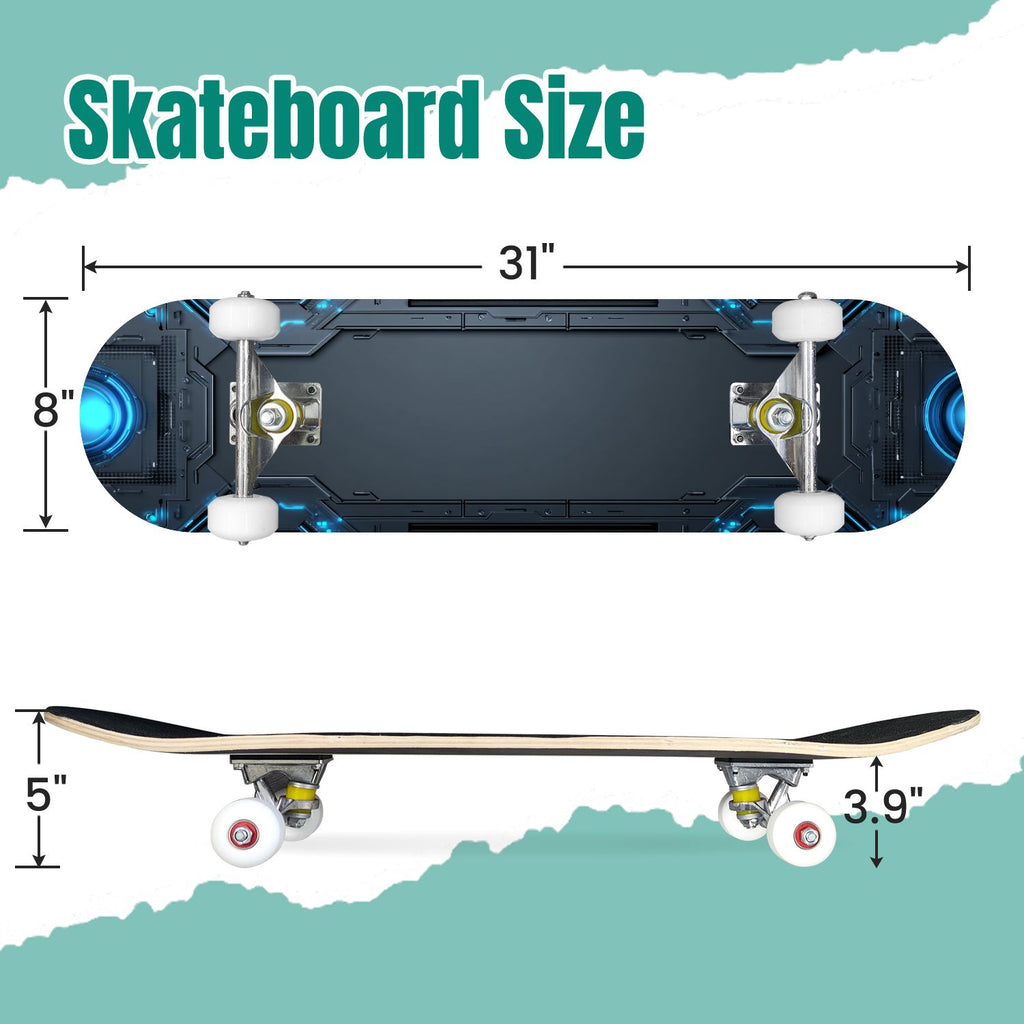 Futuristic Glowing Orange Neon Lines Dark Metallic Panels 31" x 8" Complete Skateboard, 7-Ply Canadian Maple Double Kick Trick Board for Kids and Beginners Adult Gifts