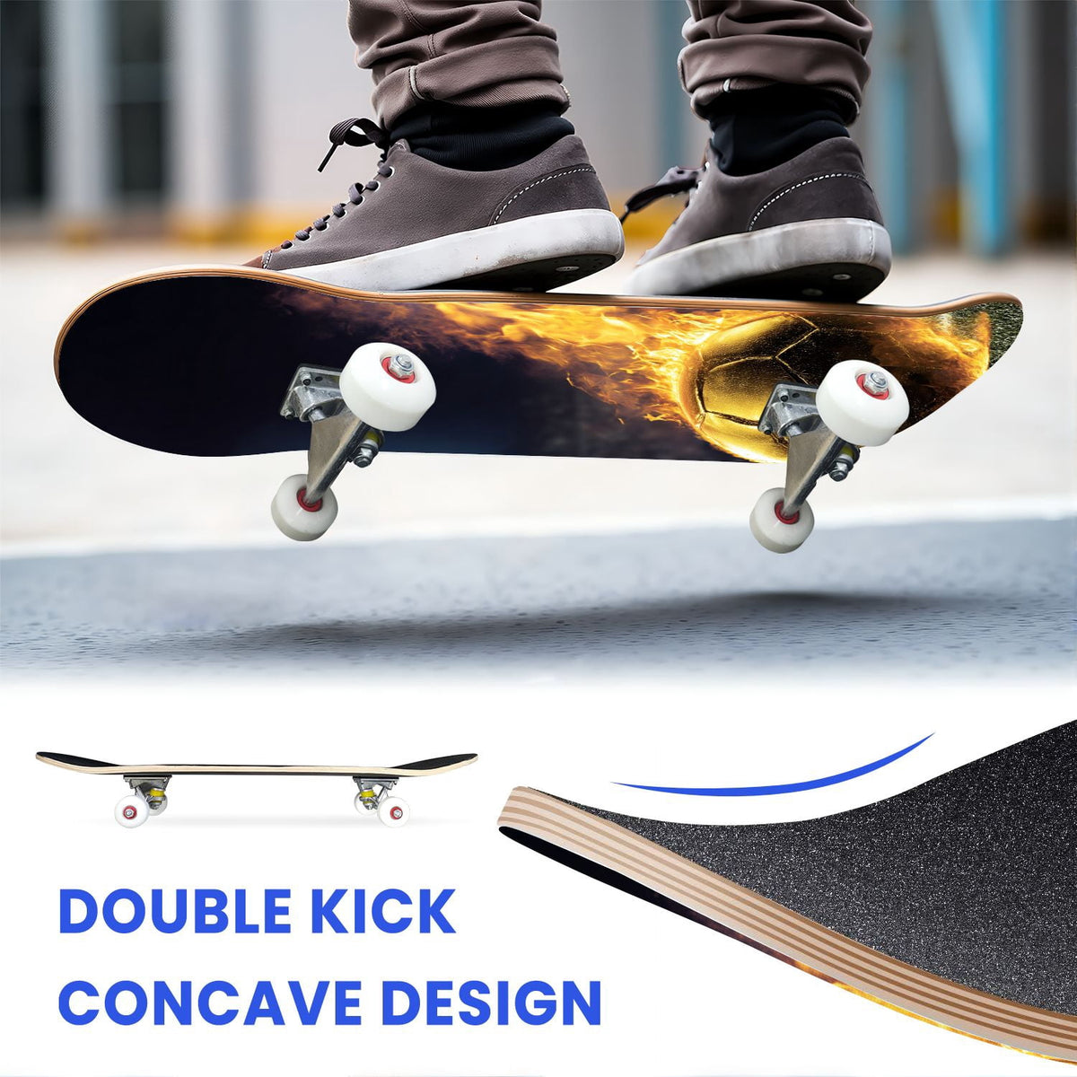 31"x8" Complete Skateboards for Beginners,Orange Basketball Hoop Blue Sky Clouds Double Kick 7 Ply Canadian Maple Deck Skateboard with Wheels, Gifts for Kids Teens