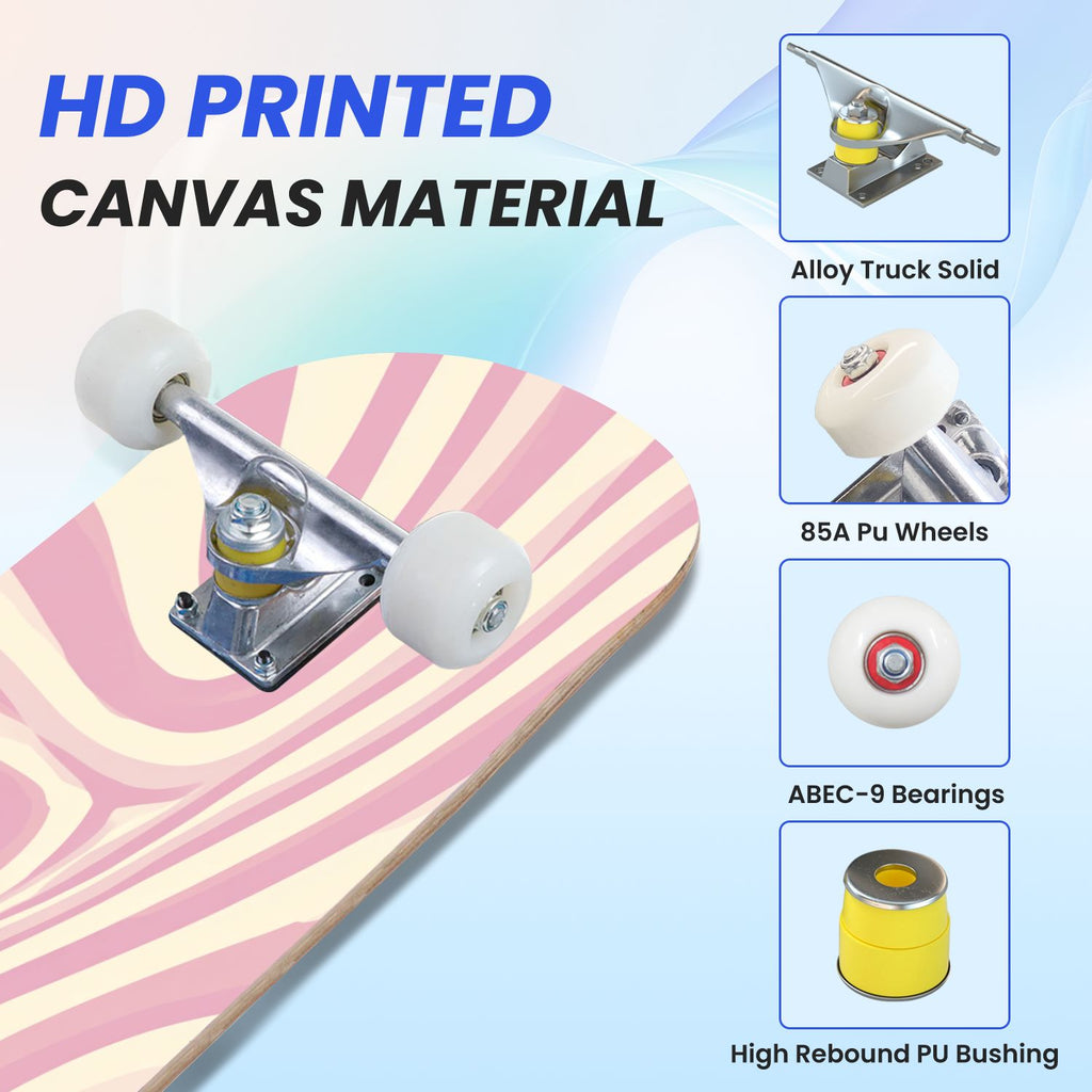 31"x8" Complete Skateboards for Beginners, Abstract Wavy Purple Beige Zebra Design Double Kick 7 Ply Canadian Maple Deck Skateboard with Wheels, Gifts for Kids Teens