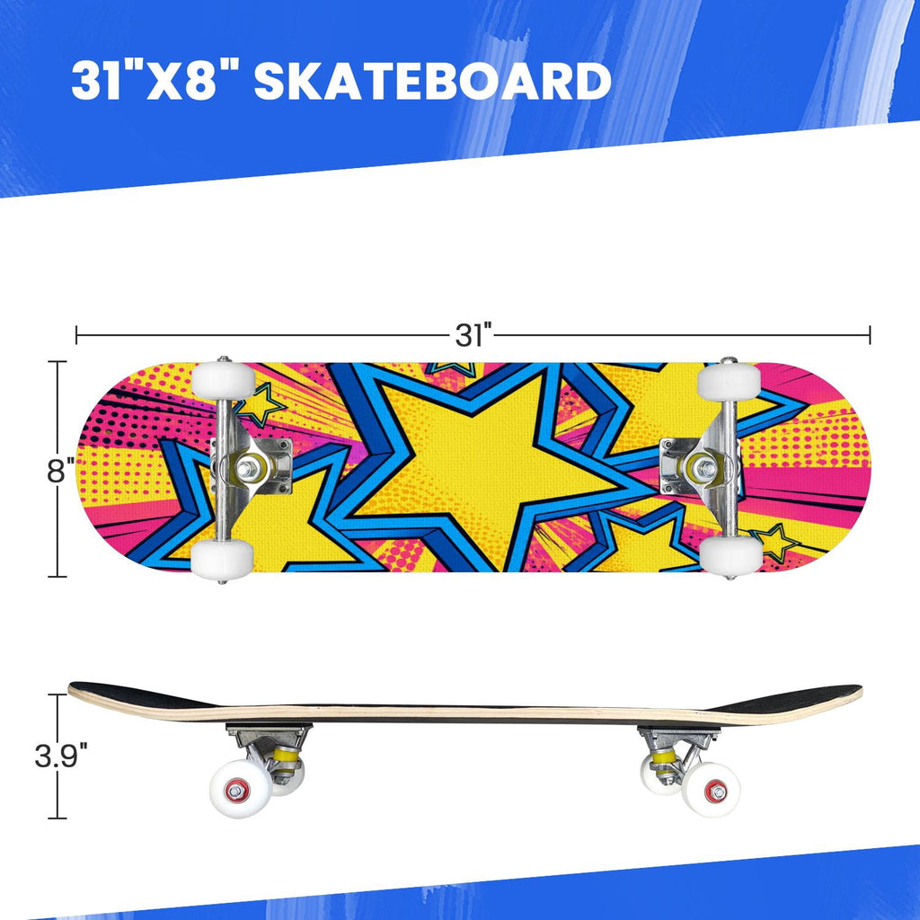 Complete Skateboard Colorful Hearts Graffiti 31 Inch 7-Ply Maple Skateboard with PU Wheels and Aluminum Trucks, Ready-to-Ride Skateboard for Beginners, Teens and Adults