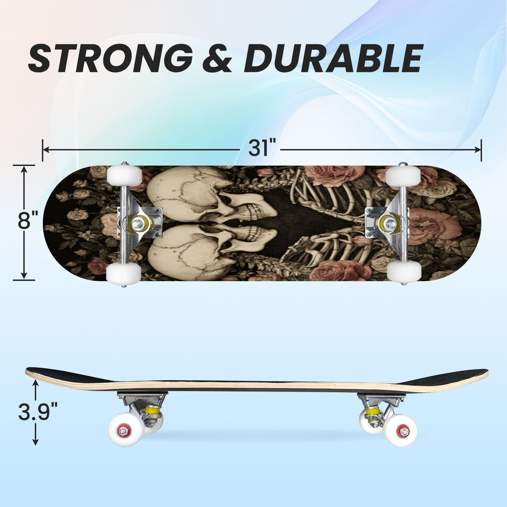 31"x8" Complete Skateboards for Beginners, Romantic Skeletons Blooming Roses Dark Academia Double Kick 7 Ply Canadian Maple Deck Skateboard with Wheels, Gifts for Kids Teens