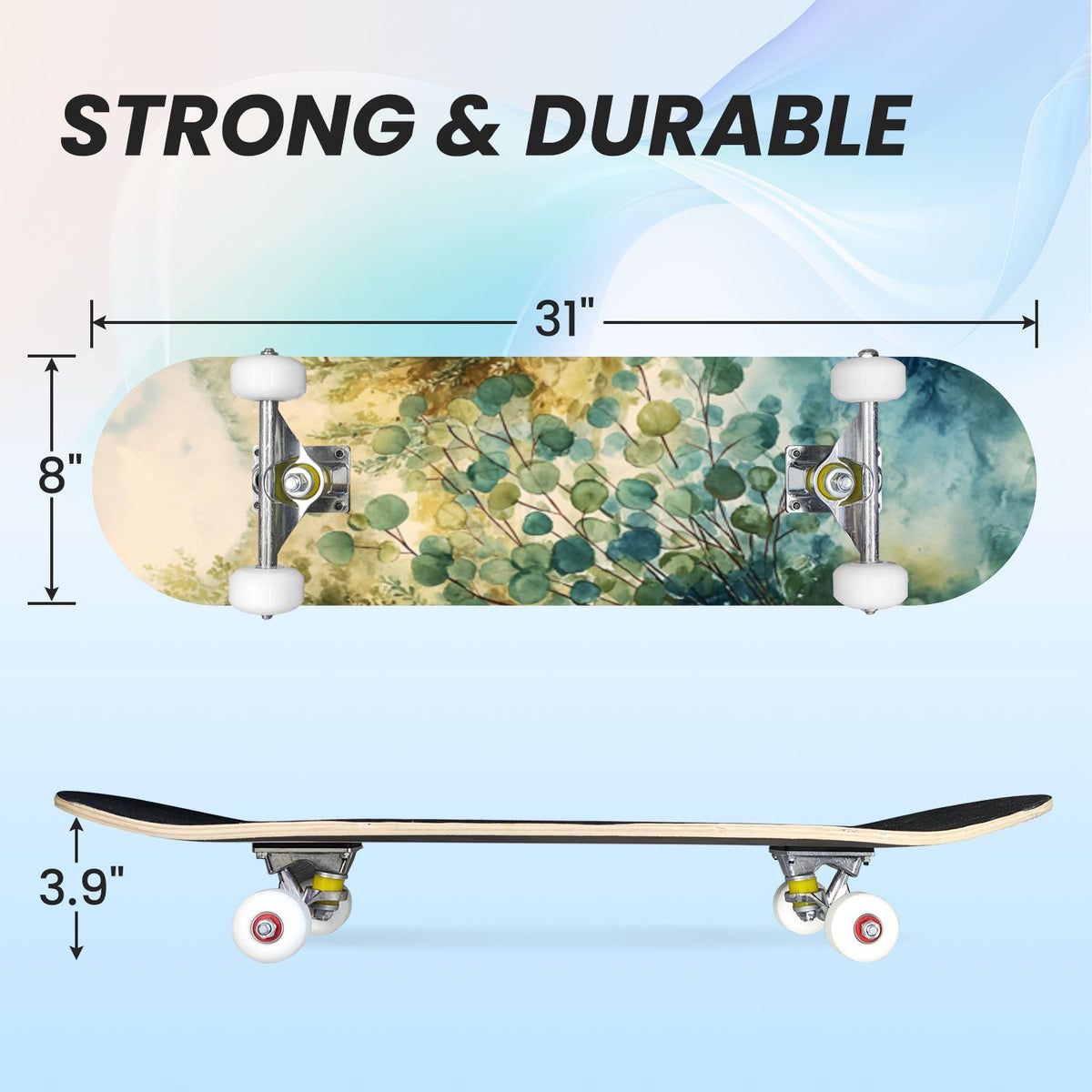 31"x8" Complete Skateboards for Beginners, Vibrant Stained Glass Window Butterflies Flowers Double Kick 7 Ply Canadian Maple Deck Skateboard with Wheels, Gifts for Kids Teens