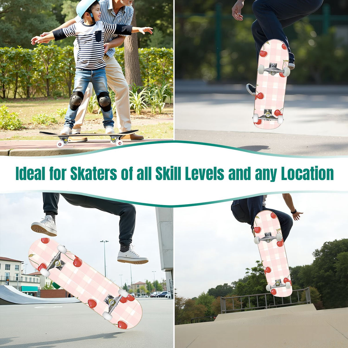 31"x8" Complete Skateboards for Beginners,Pink White Gingham Checkered Subtle Double Kick 7 Ply Canadian Maple Deck Skateboard with Wheels, Gifts for Kids Teens