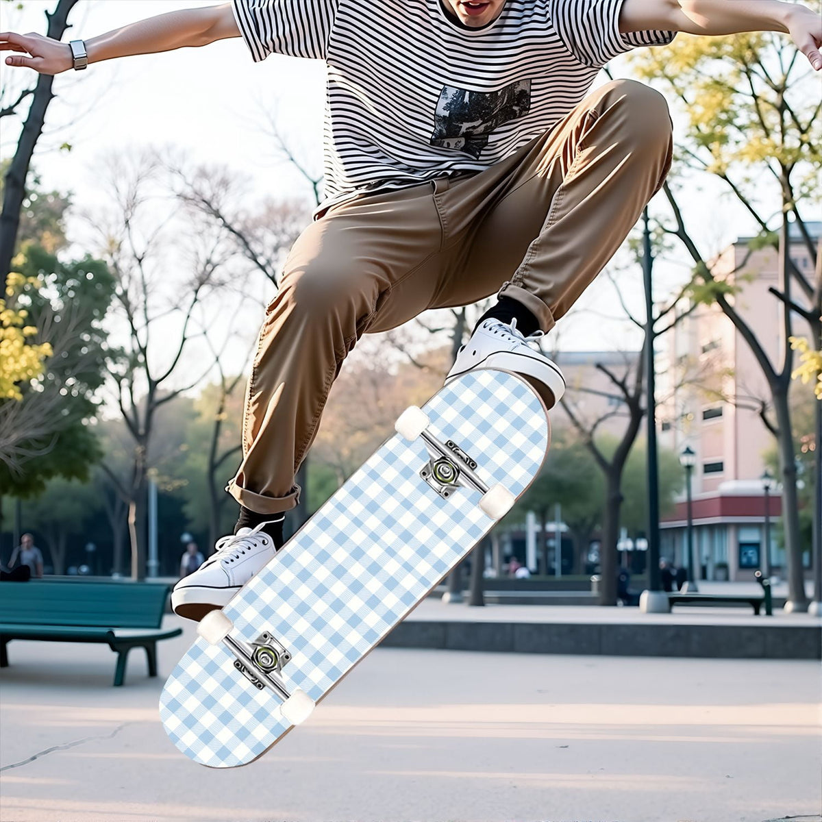 31"x8" Complete Skateboards for Beginners,Colorful Geometric Tile Multicolored Squares Double Kick 7 Ply Canadian Maple Deck Skateboard with Wheels, Gifts for Kids Teens