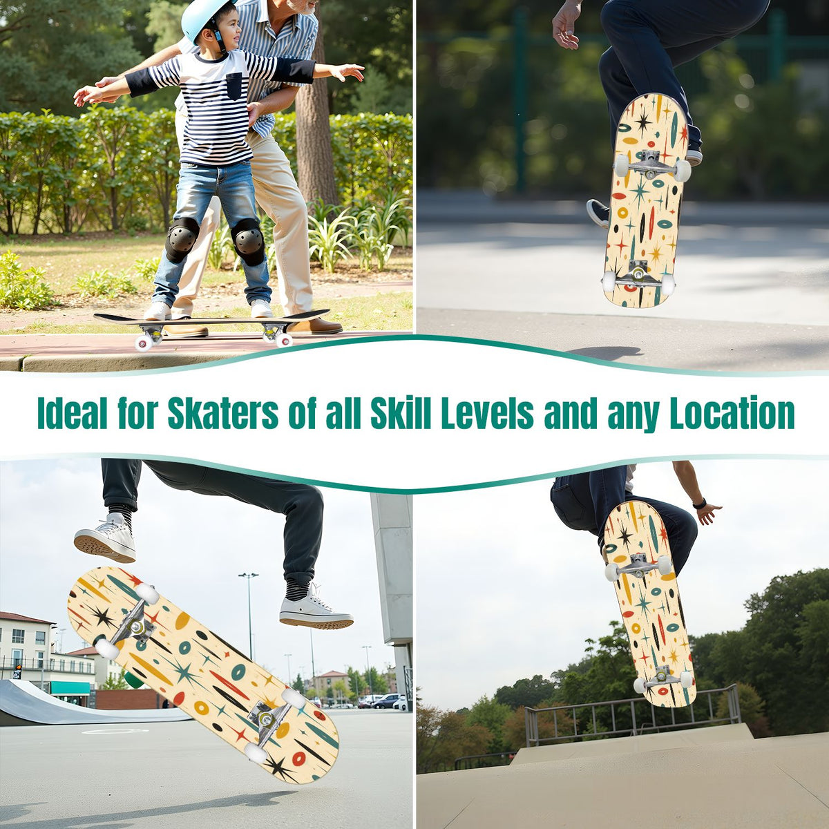 Modern Botanical Watercolor Pink Gold Mint Navy Leaves 31" x 8" Complete Skateboard, 7-Ply Canadian Maple Double Kick Trick Board for Kids and Beginners Adult Gifts