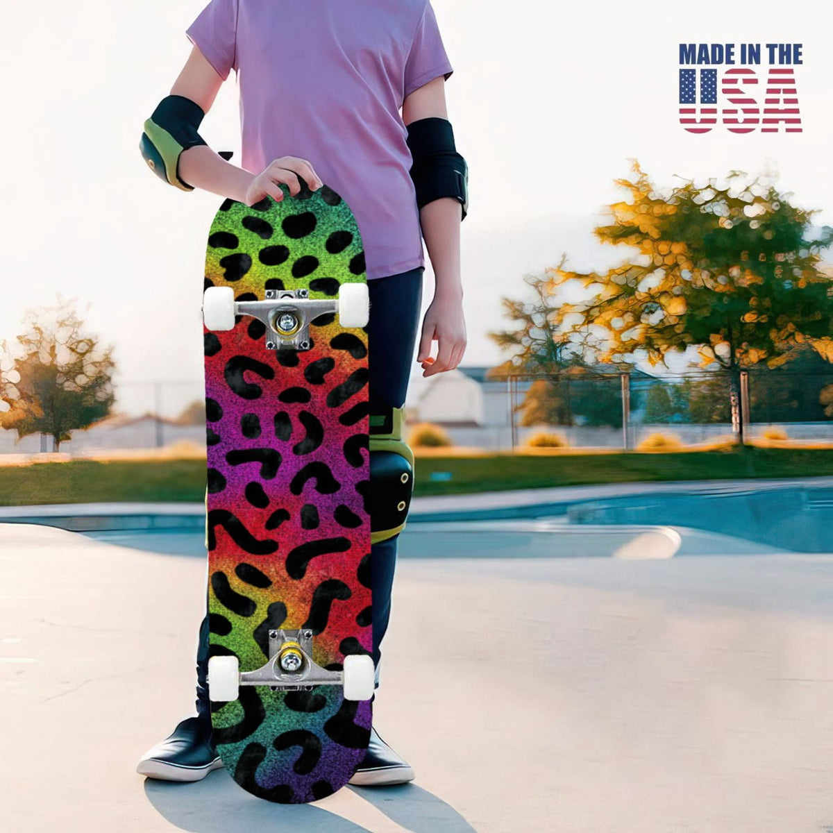 31"x8" Complete Skateboards for Beginners,Black Leopard Print Grey Double Kick 7 Ply Canadian Maple Deck Skateboard with Wheels, Gifts for Kids Teens