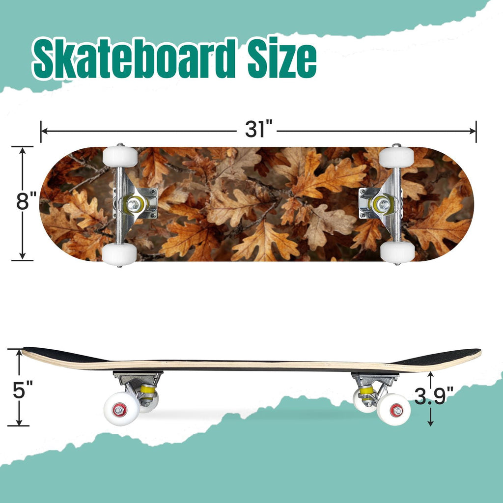 Autumn Forest Camouflage Oak Leaves Tree Branches 31" x 8" Complete Skateboard, 7-Ply Canadian Maple Double Kick Trick Board for Kids and Beginners Adult Gifts