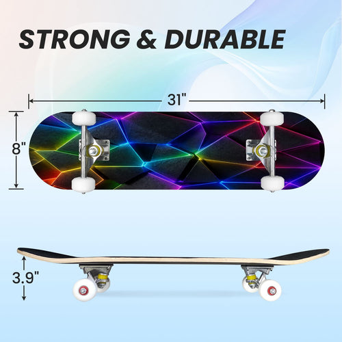 31"x8" Complete Skateboards for Beginners, Abstract Geometric Vibrant Neon Line Accents Dark Futuristic Double Kick 7 Ply Canadian Maple Deck Skateboard with Wheels, Gifts for Boys Teens