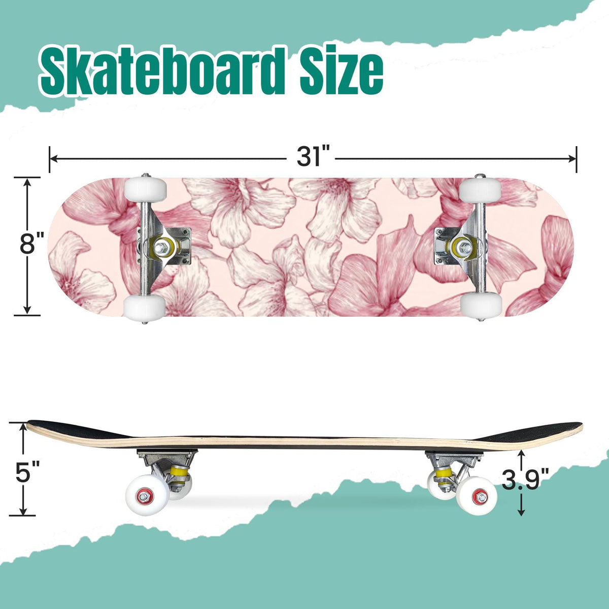 Delicate Pink Floral Ribbon Design 31" x 8" Complete Skateboard, 7-Ply Canadian Maple Double Kick Trick Board for Kids and Beginners Adult Gifts