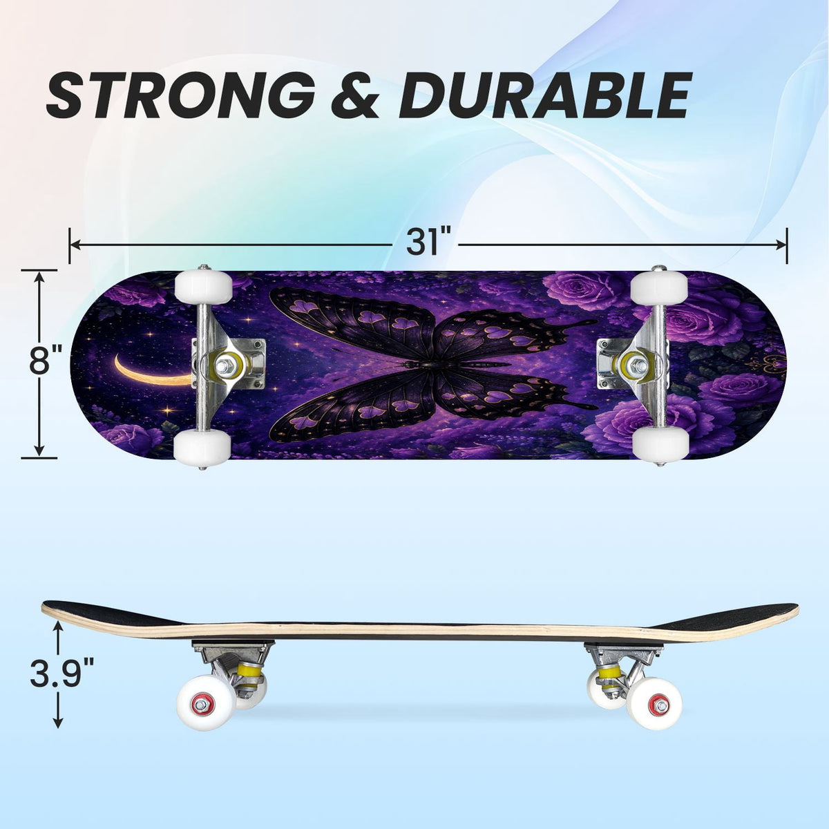 31"x8" Complete Skateboards for Beginners, Purple Celestial Moon Sun Art Floral Stars Double Kick 7 Ply Canadian Maple Deck Skateboard with Wheels, Gifts for Kids Teens