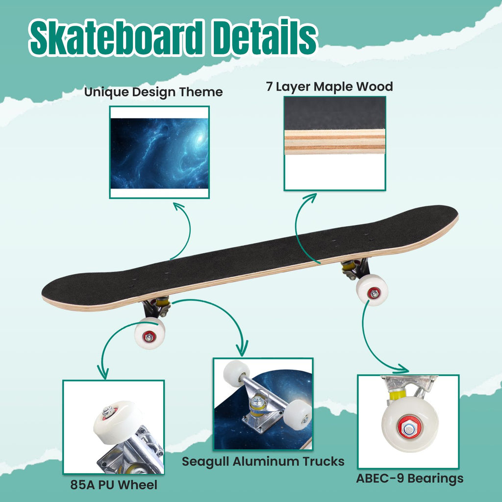 Vibrant Purple Blue Cosmic Galaxy Stars Nebula Clouds 31" x 8" Complete Skateboard, 7-Ply Canadian Maple Double Kick Trick Board for Kids and Beginners Adult Gifts