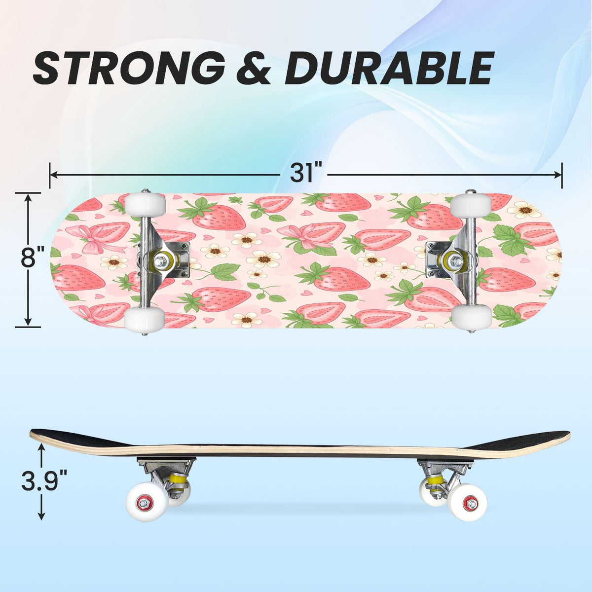 31"x8" Complete Skateboards for Beginners, Seamless Pink Peony Floral Cream Double Kick 7 Ply Canadian Maple Deck Skateboard with Wheels, Gifts for Girls Teens