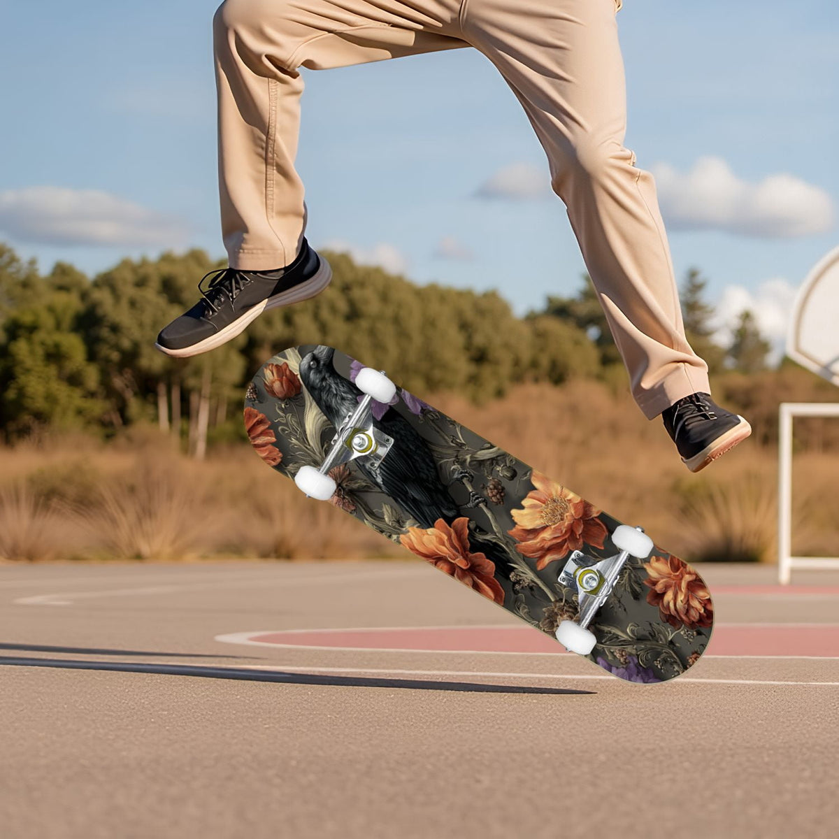 Vibrant Floral Bouquet Pink Roses Bright Colors Teal 31" x 8" Complete Skateboard, 7-Ply Canadian Maple Double Kick Trick Board for Kids and Beginners Adult Gifts