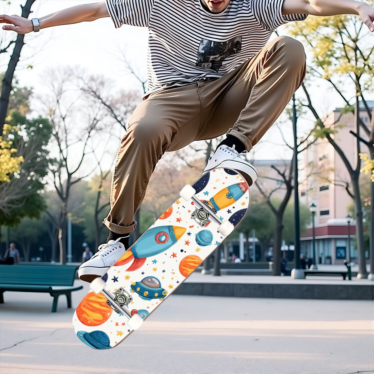 31"x8" Complete Skateboards for Beginners,Cartoon Hand Drawn Ice Cream Doodles Seamless Cones Cupcakes Double Kick 7 Ply Canadian Maple Deck Skateboard with Wheels, Gifts for Kids Teens
