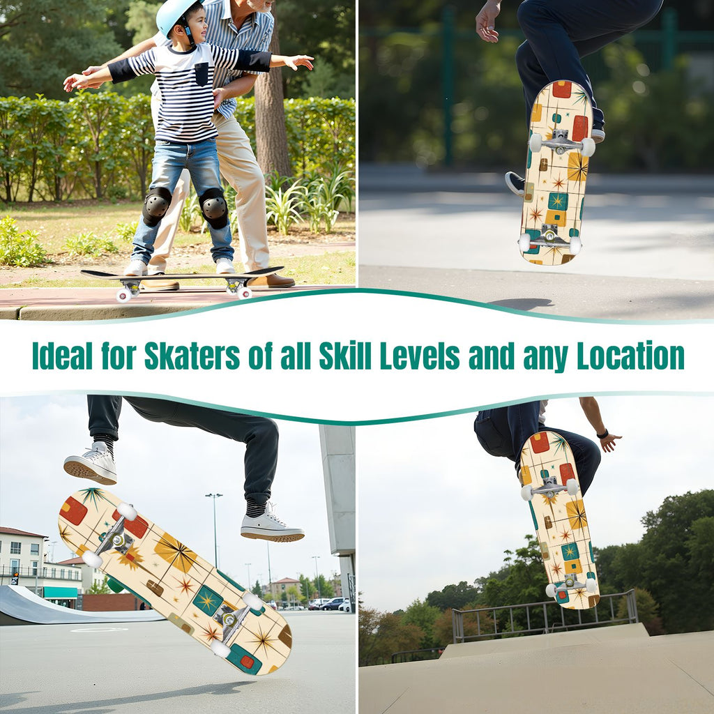 Vintage Movie Theater Classic Cinema 31" x 8" Complete Skateboard, 7-Ply Canadian Maple Double Kick Trick Board for Kids and Beginners Adult Gifts