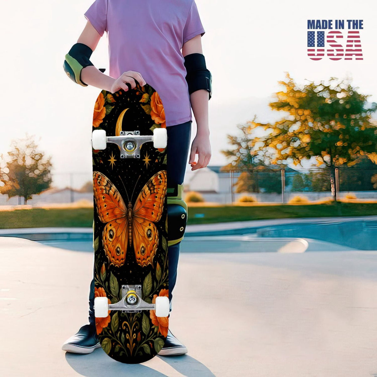31"x8" Complete Skateboards for Beginners, Mystical Purple Butterfly Glowing Mushrooms Under Full Moon Double Kick 7 Ply Canadian Maple Deck Skateboard with Wheels, Gifts for Kids Teens