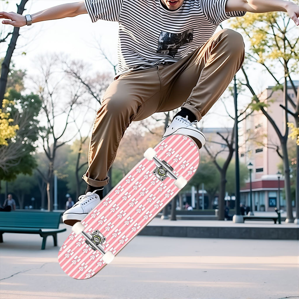 31"x8" Complete Skateboards for Beginners, Pink Floral Striped Delicate Leaves Flowers Botanical Double Kick 7 Ply Canadian Maple Deck Skateboard with Wheels, Gifts for Girls Teens