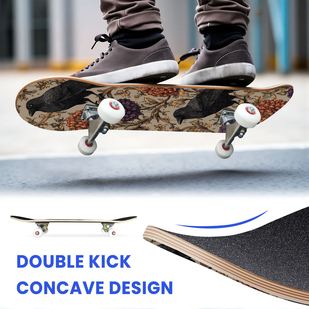 31"x8" Complete Skateboards for Beginners, Whimsical Butterfly Garden Watercolor Art Print Double Kick 7 Ply Canadian Maple Deck Skateboard with Wheels, Gifts for Kids Teens