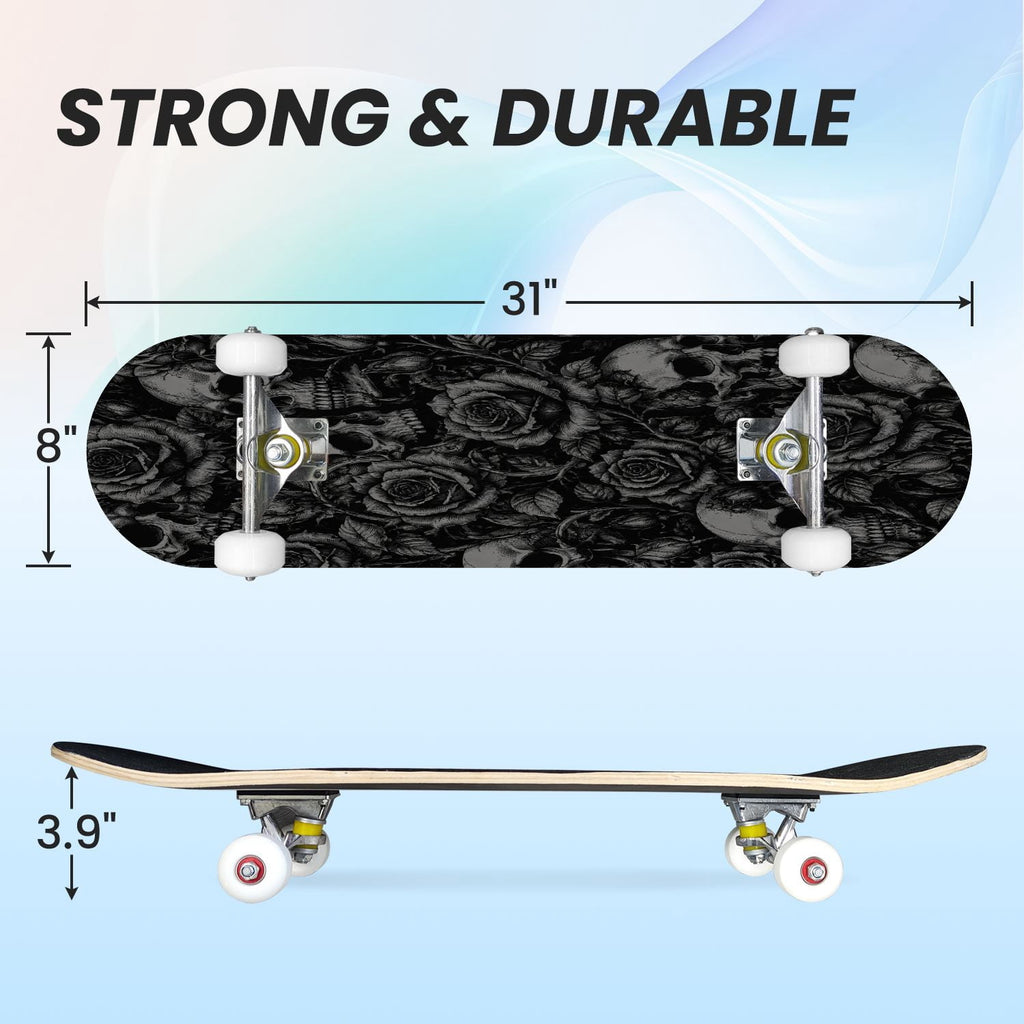 31"x8" Complete Skateboards for Beginners,Halloween Themed Pumpkins Witch Hats Spooky Double Kick 7 Ply Canadian Maple Deck Skateboard with Wheels, Gifts for Kids Teens
