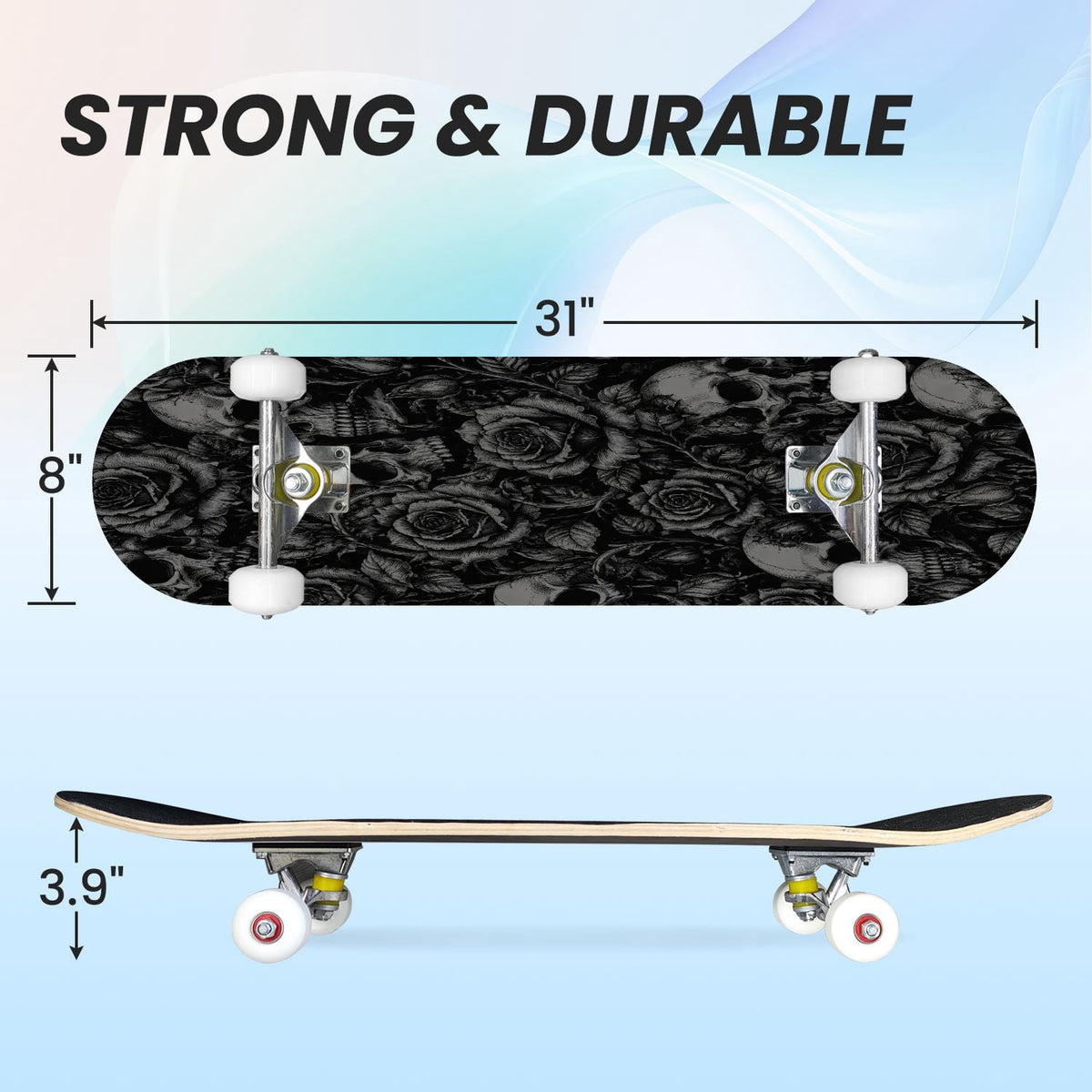 31"x8" Complete Skateboards for Beginners,Vintage Botanical Moth Autumn Leaves Mushrooms Double Kick 7 Ply Canadian Maple Deck Skateboard with Wheels, Gifts for Kids Teens