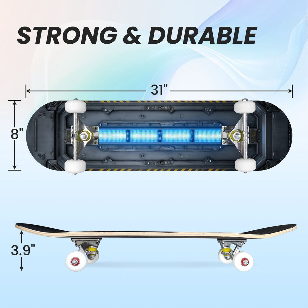31"x8" Complete Skateboards for Beginners,Geometric Hexagon Glowing Neon Blue Purple Double Kick 7 Ply Canadian Maple Deck Skateboard with Wheels, Gifts for Kids Teens