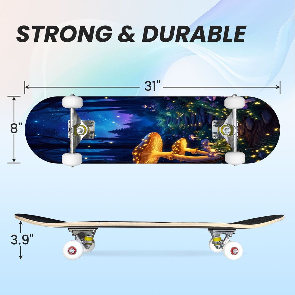 31"x8" Complete Skateboards for Beginners, Magical Forest Glowing Mushrooms Twinkling Fantasy Double Kick 7 Ply Canadian Maple Deck Skateboard with Wheels, Gifts for Kids Teens