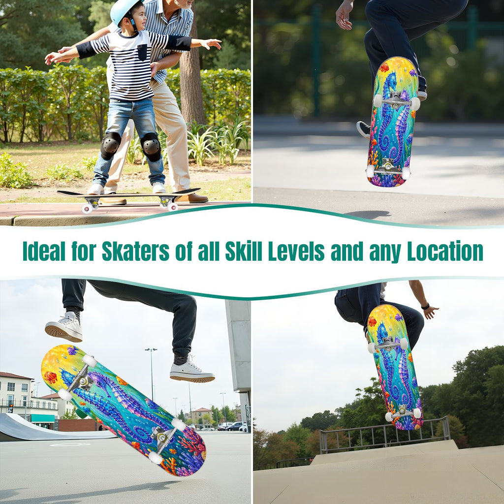 31"x8" Complete Skateboards for Beginners, Colorful Underwater Two Seahorses Coral Reefs Double Kick 7 Ply Canadian Maple Deck Skateboard with Wheels, Gifts for Kids Teens