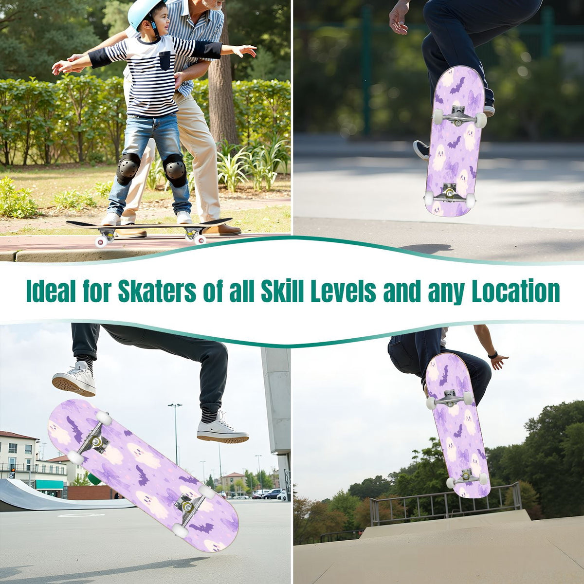 31"x8" Complete Skateboards for Beginners,Cute Ghosts Purple Bows Bats Lilac Halloween Double Kick 7 Ply Canadian Maple Deck Skateboard with Wheels, Gifts for Kids Teens