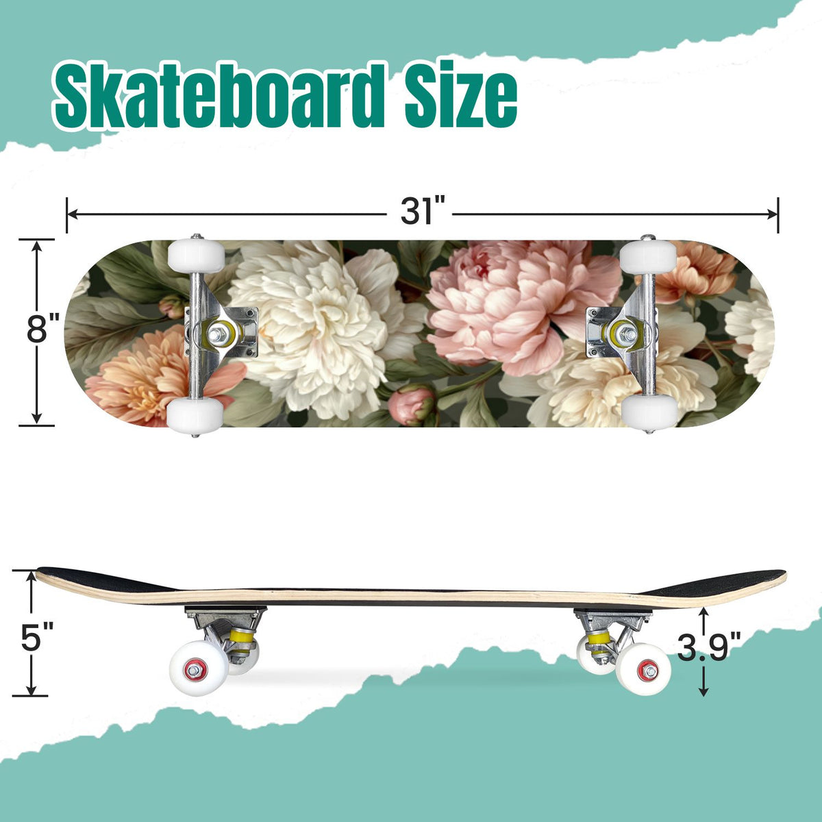 Elegant Cream Peach Peony Floral Green 31" x 8" Complete Skateboard, 7-Ply Canadian Maple Double Kick Trick Board for Kids and Beginners Adult Gifts
