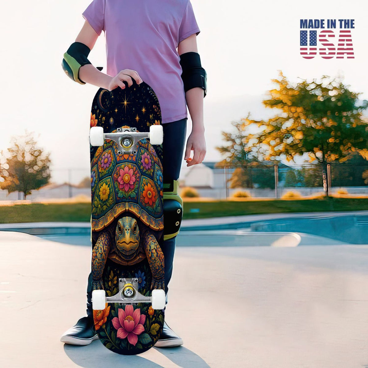 31"x8" Complete Skateboards for Beginners, Colorful Turtle Floral Shell Starry Night Marine Life Double Kick 7 Ply Canadian Maple Deck Skateboard with Wheels, Gifts for Kids Teens