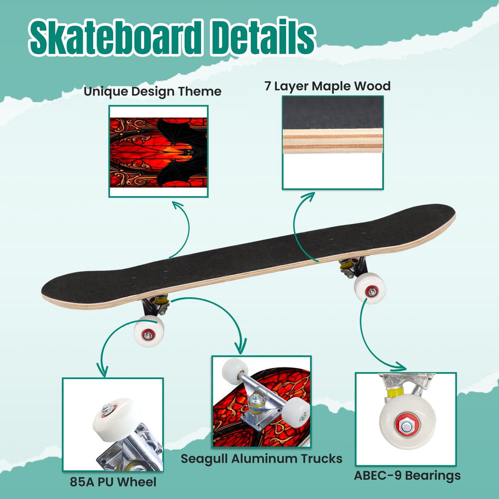 Red Mystic Circle Eyes Occult Symbols Dark Abstract Art 31" x 8" Complete Skateboard, 7-Ply Canadian Maple Double Kick Trick Board for Kids and Beginners Adult Gifts
