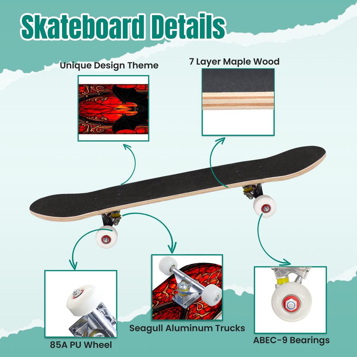 Red Mystic Circle Eyes Occult Symbols Dark Abstract Art 31" x 8" Complete Skateboard, 7-Ply Canadian Maple Double Kick Trick Board for Kids and Beginners Adult Gifts