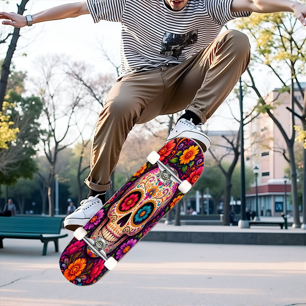 31"x8" Complete Skateboards for Beginners, Colorful Sugar Skull Vibrant Floral Day of the Dead Double Kick 7 Ply Canadian Maple Deck Skateboard with Wheels, Gifts for Kids Teens