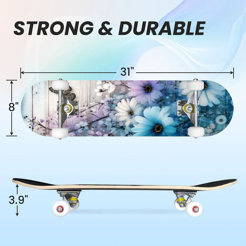 31"x8" Complete Skateboards for Beginners, Turquoise Flowers Teal Daisy Flower Butterfly Blue Romantic Double Kick 7 Ply Canadian Maple Deck Skateboard with Wheels, Gifts for Kids Teens
