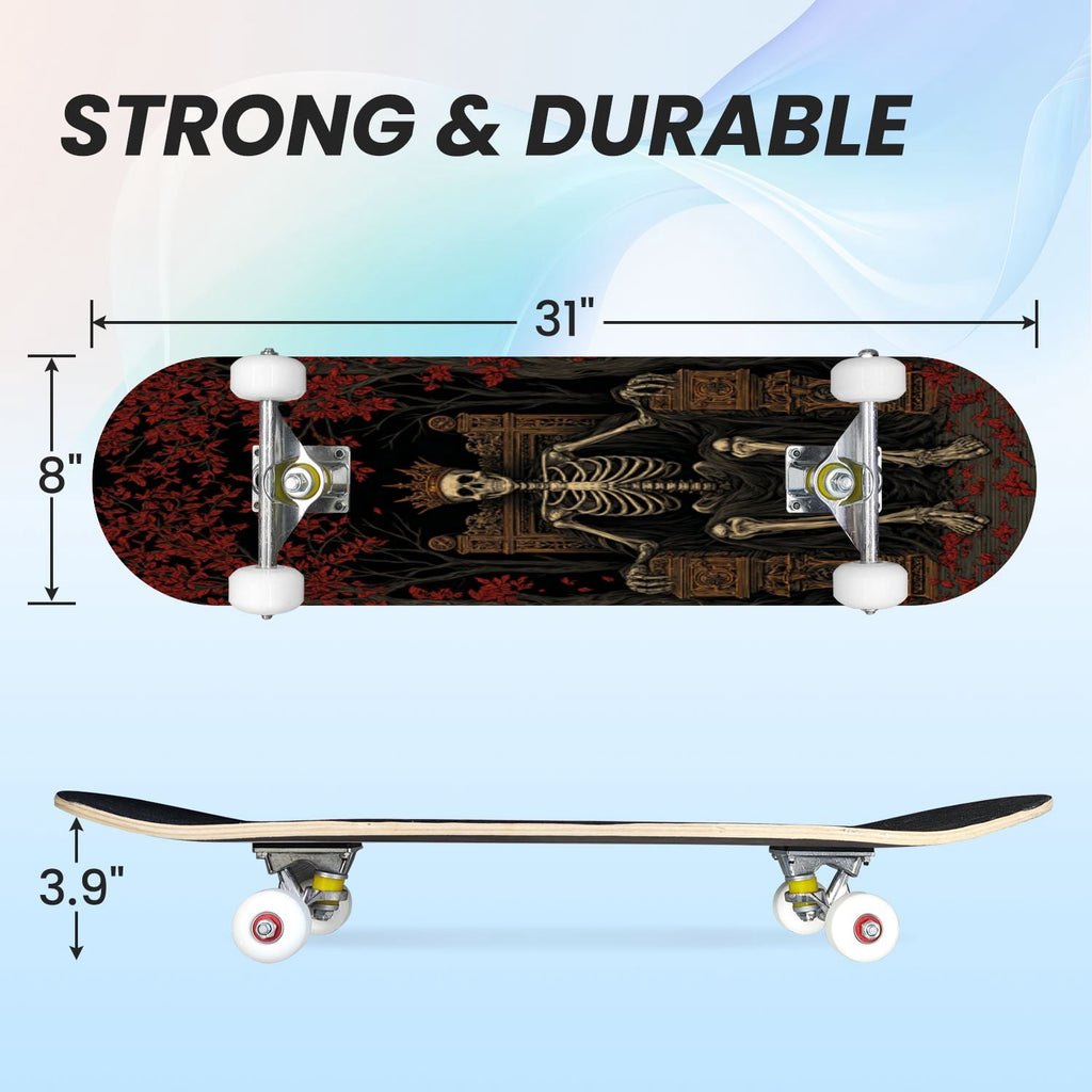 31"x8" Complete Skateboards for Beginners, Romantic Skeletons Blooming Roses Dark Academia Double Kick 7 Ply Canadian Maple Deck Skateboard with Wheels, Gifts for Kids Teens