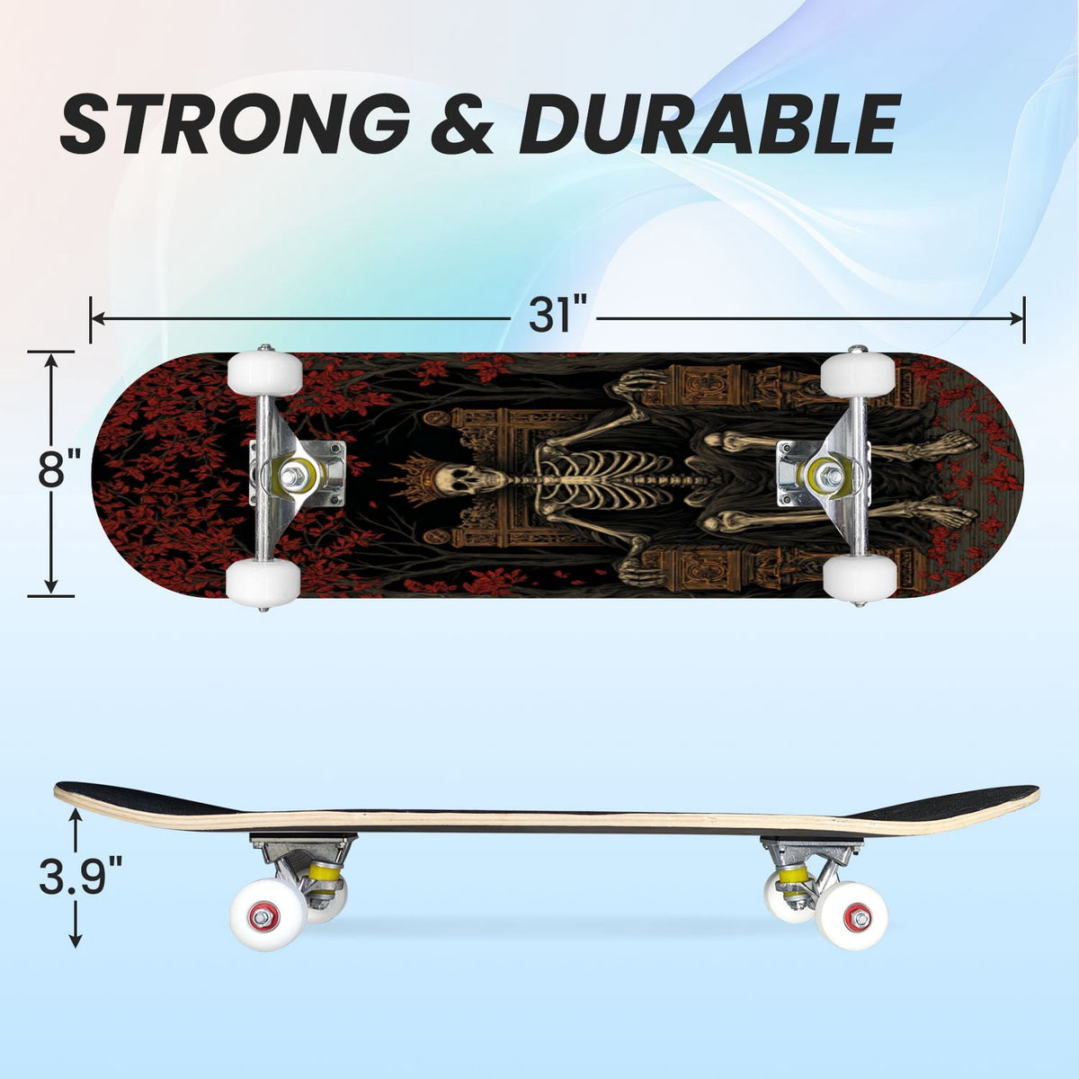 31"x8" Complete Skateboards for Beginners, Romantic Skeletons Blooming Roses Dark Academia Double Kick 7 Ply Canadian Maple Deck Skateboard with Wheels, Gifts for Kids Teens