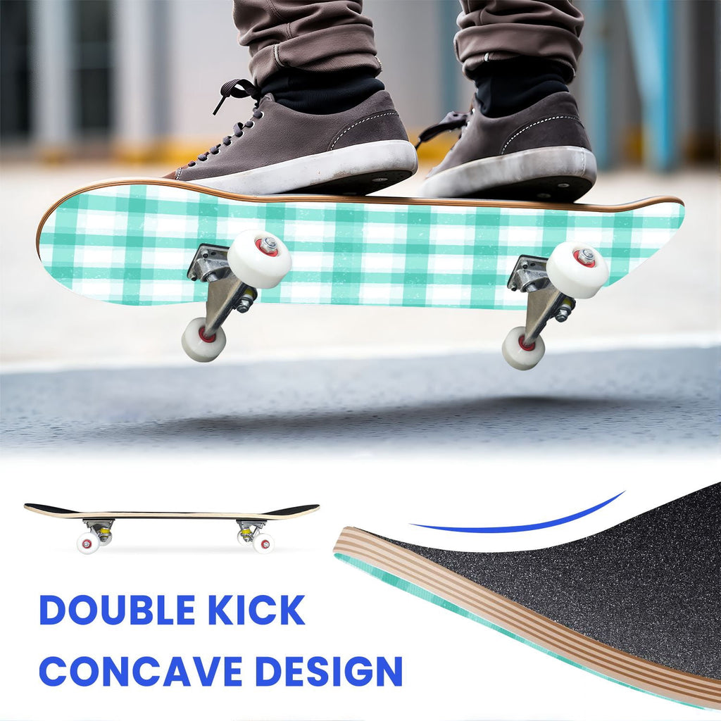 31"x8" Complete Skateboards for Beginners,Green White Plaid Checkered Watercolor Double Kick 7 Ply Canadian Maple Deck Skateboard with Wheels, Gifts for Kids Teens