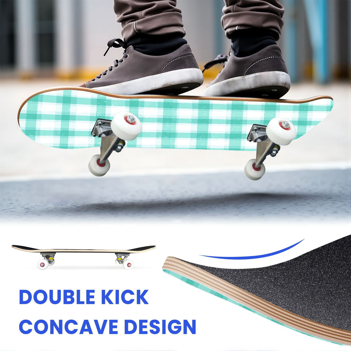31"x8" Complete Skateboards for Beginners,Green White Plaid Checkered Watercolor Double Kick 7 Ply Canadian Maple Deck Skateboard with Wheels, Gifts for Kids Teens