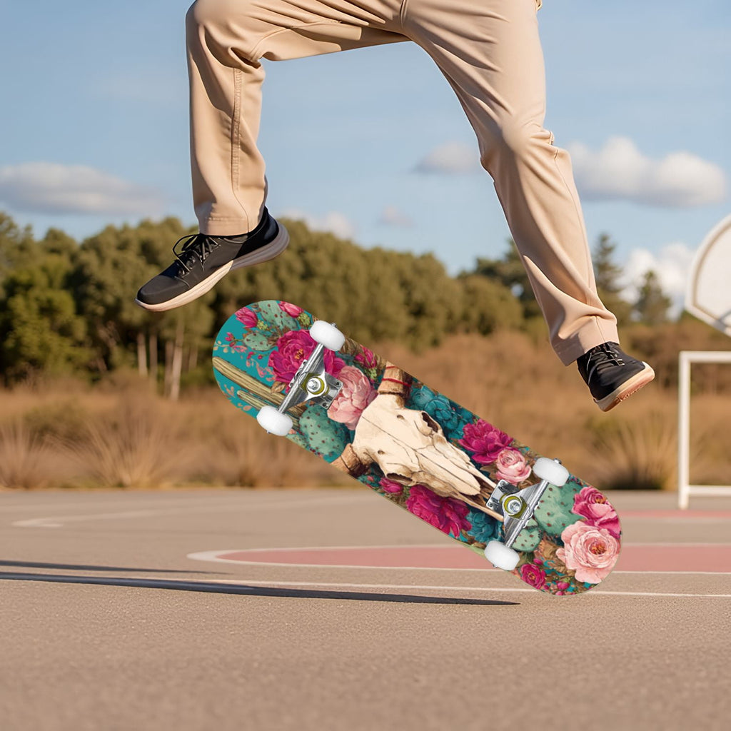 Tropical Jungle Leaf Teal Green Botanical 31" x 8" Complete Skateboard, 7-Ply Canadian Maple Double Kick Trick Board for Kids and Beginners Adult Gifts