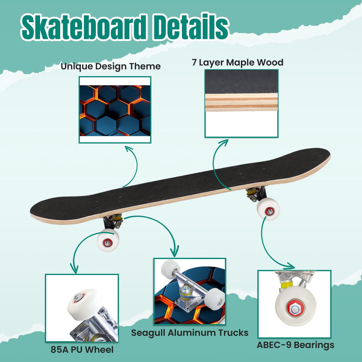 Futuristic Hexagonal Metallic Blue Glowing Orange Highlights 31" x 8" Complete Skateboard, 7-Ply Canadian Maple Double Kick Trick Board for Kids and Beginners Adult Gifts