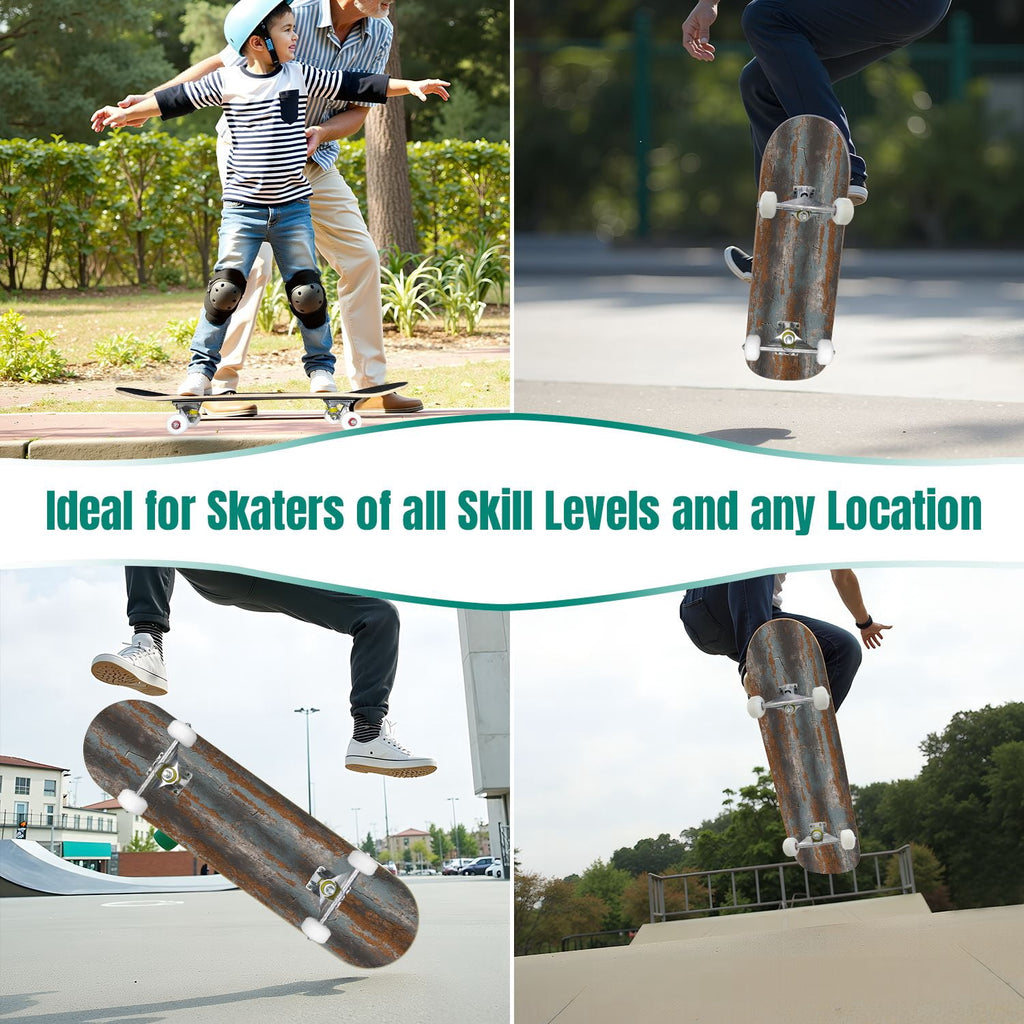 31"x8" Complete Skateboards for Beginners, Vintage Forest Woodland Large Trees Leaves River Cottage Double Kick 7 Ply Canadian Maple Deck Skateboard with Wheels, Gifts for Kids Teens
