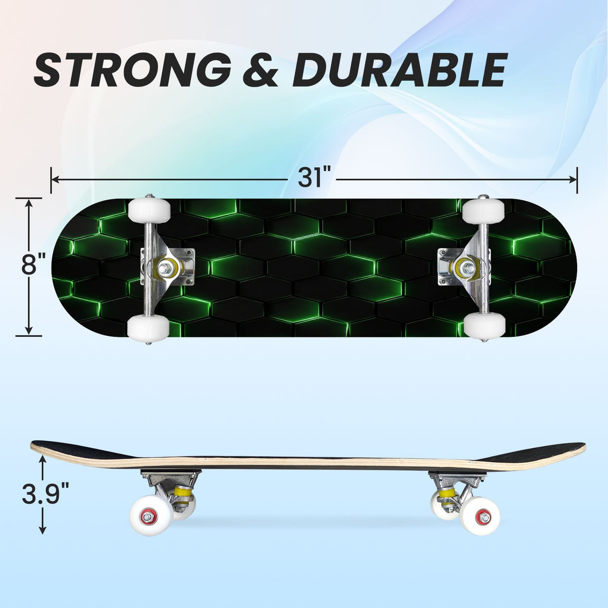 31"x8" Complete Skateboards for Beginners, Abstract Geometric Vibrant Neon Line Accents Dark Futuristic Double Kick 7 Ply Canadian Maple Deck Skateboard with Wheels, Gifts for Boys Teens