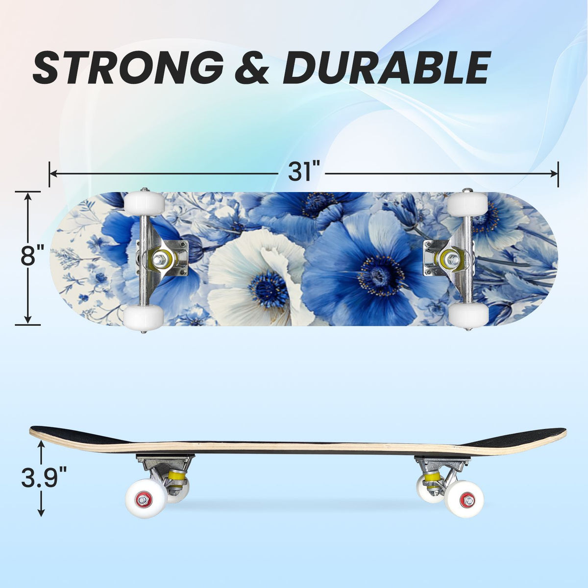 31"x8" Complete Skateboards for Beginners, Turquoise Flowers Teal Daisy Flower Butterfly Blue Romantic Double Kick 7 Ply Canadian Maple Deck Skateboard with Wheels, Gifts for Kids Teens