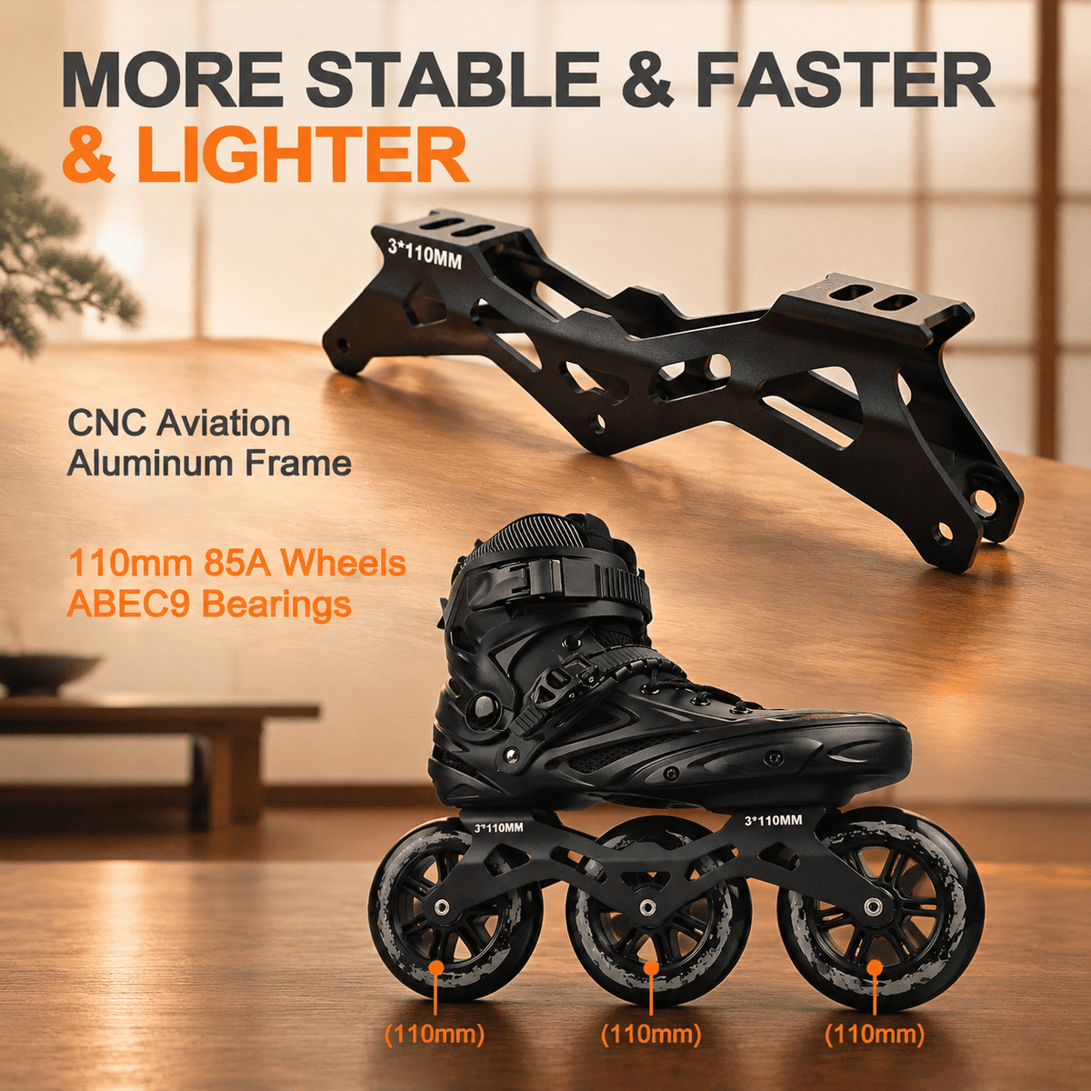 Black Men5.5-6/Women6.5-7/25cm 3-Wheel Inline Skates for Adult Fitness Speed Racing