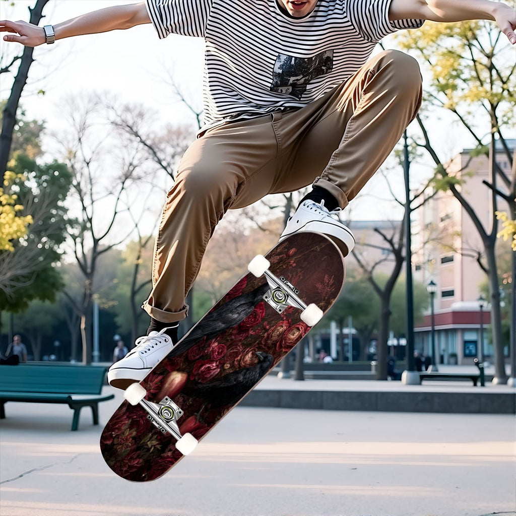 31"x8" Complete Skateboards for Beginners, Romantic Skeletons Blooming Roses Dark Academia Double Kick 7 Ply Canadian Maple Deck Skateboard with Wheels, Gifts for Kids Teens